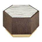 Dark Oak Hexagon Wood Side Table with White and Grey Marble Top and Gold Finish Metallic Base, Villi