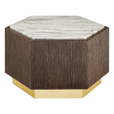 Dark Oak Hexagon Wood Side Table with White and Grey Marble Top and Gold Finish Metallic Base, Villi