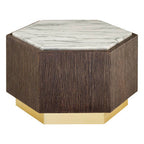 Dark Oak Hexagon Wood Side Table with White and Grey Marble Top and Gold Finish Metallic Base, Villi