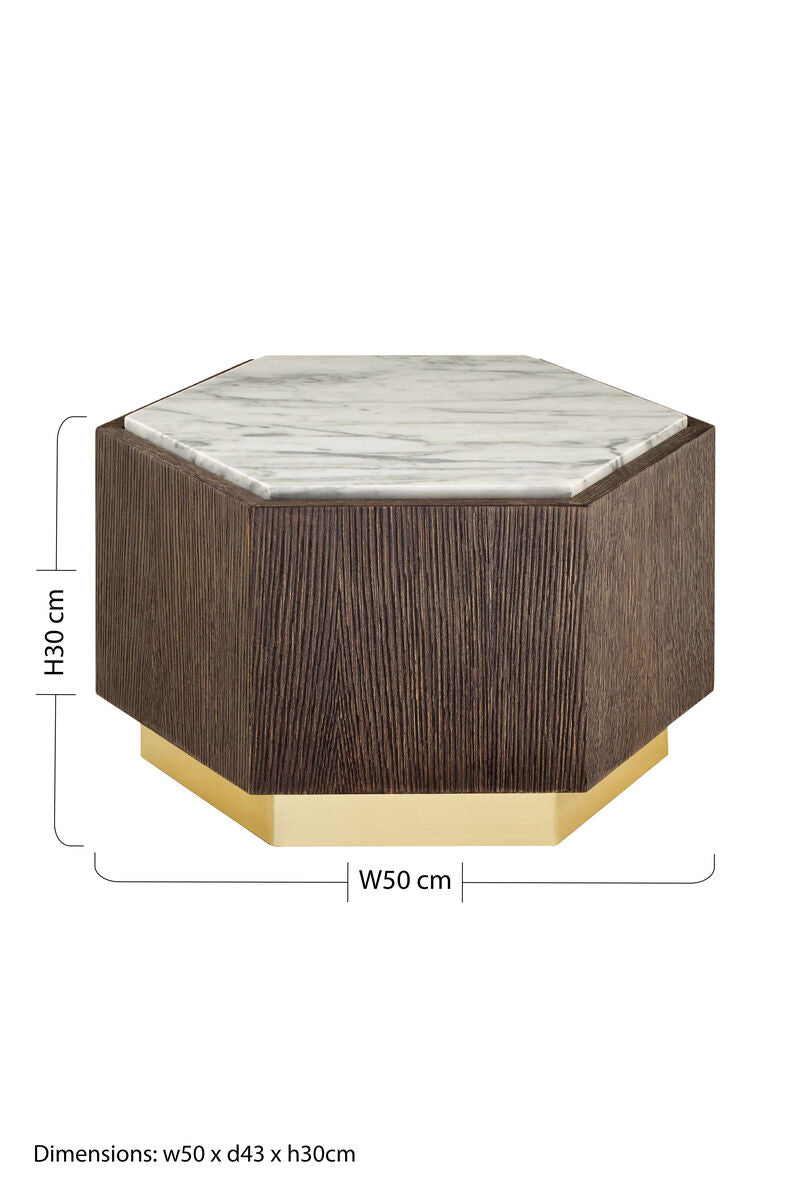 Dark Oak Hexagon Wood Side Table with White and Grey Marble Top and Gold Finish Metallic Base, Villi