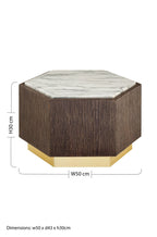 Dark Oak Hexagon Wood Side Table with White and Grey Marble Top and Gold Finish Metallic Base, Villi