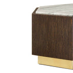 Dark Oak Hexagon Wood Side Table with White and Grey Marble Top and Gold Finish Metallic Base, Villi