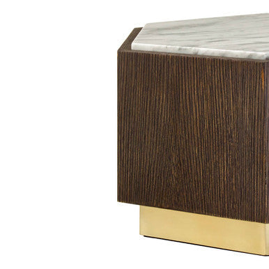 Dark Oak Hexagon Wood Side Table with White and Grey Marble Top and Gold Finish Metallic Base, Villi