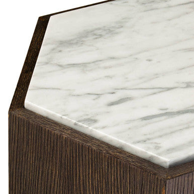 Dark Oak Hexagon Wood Side Table with White and Grey Marble Top and Gold Finish Metallic Base, Villi