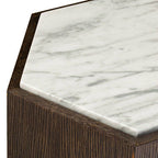 Dark Oak Hexagon Wood Side Table with White and Grey Marble Top and Gold Finish Metallic Base, Villi