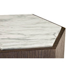 Dark Oak Hexagon Wood Side Table with White and Grey Marble Top and Gold Finish Metallic Base, Villi