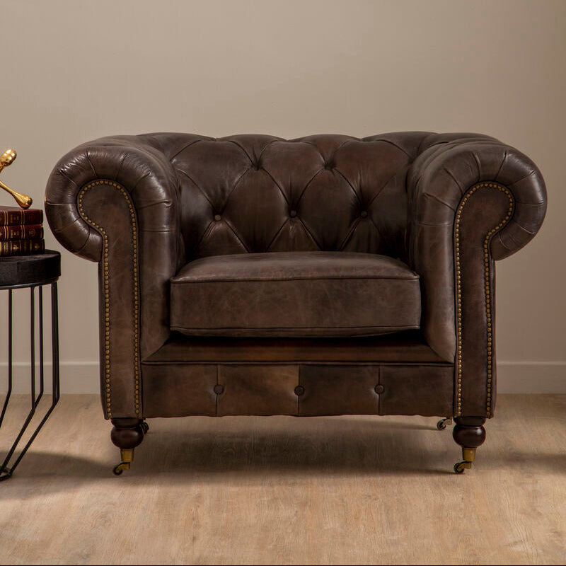Dark Grey Brown Leather Chesterfield Chair | Victor