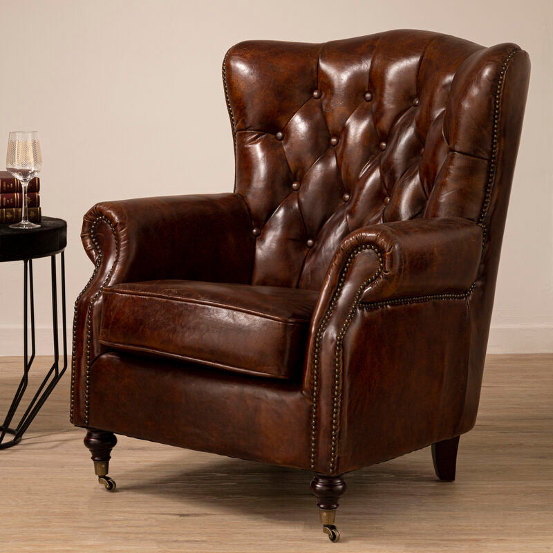 Brown Leather Scroll Armchair | Victor