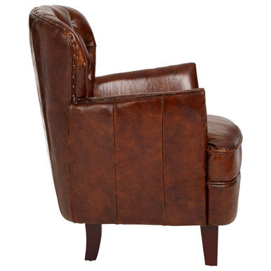#Victor Brown Leather Armchair with Button Tufted Back