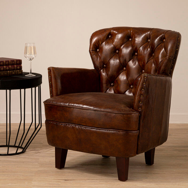 #Victor Brown Leather Armchair with Button Tufted Back