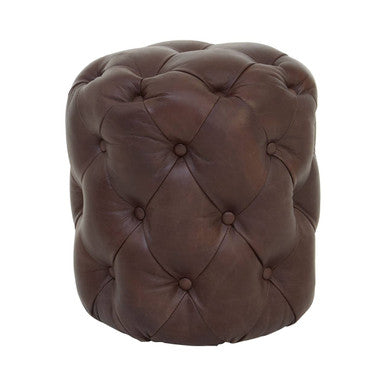 Button Tufted Brown Leather Stool | Victor