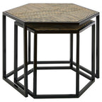 Set of 2 Natural Wood and Black Hexagon Side Tables with Black Metal Frame | Babita