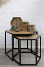 Set of 2 Natural Wood and Black Hexagon Side Tables with Black Metal Frame | Babita
