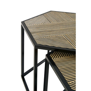 Set of 2 Natural Wood and Black Hexagon Side Tables with Black Metal Frame | Babita