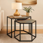Set of 2 Natural Wood and Black Hexagon Side Tables with Black Metal Frame | Babita