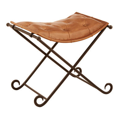 Brown Leather and Iron Folding Stool | Buffalo