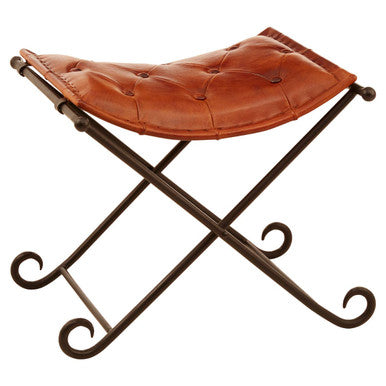 Tan Leather and Iron Folding Stool | Buffalo