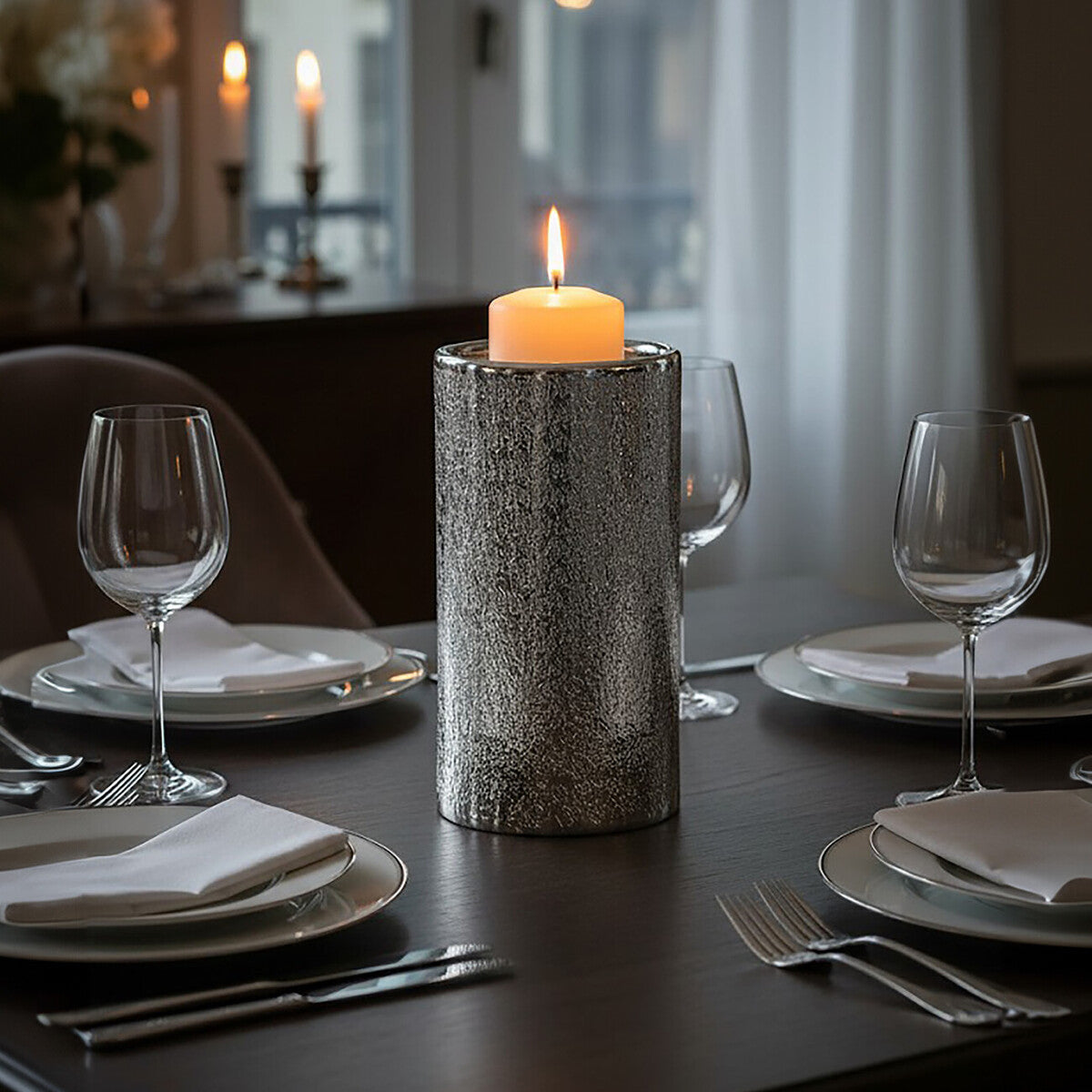 Silver Hammered Effect Large Candle Holder | Safia