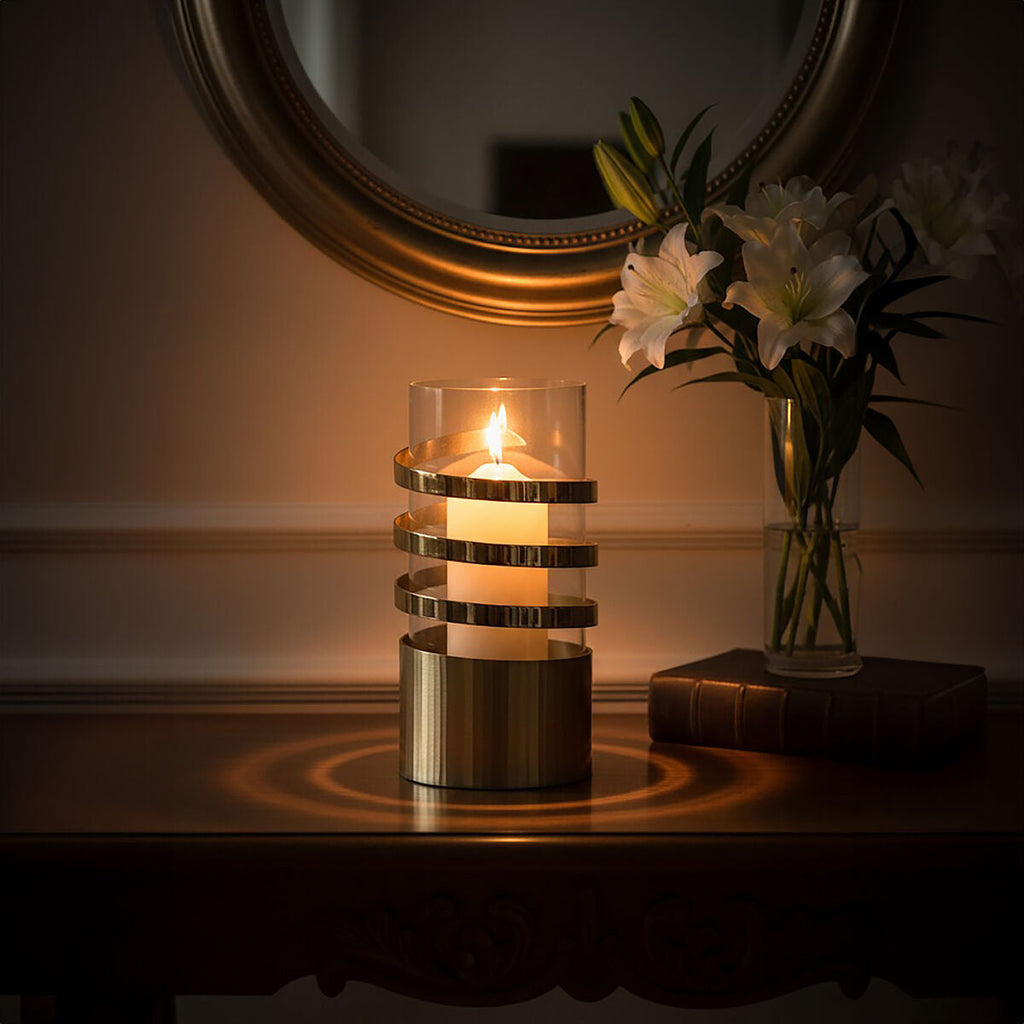 Large Vertical Textured Gold Metal Hurricane Candle Holder | Amreli