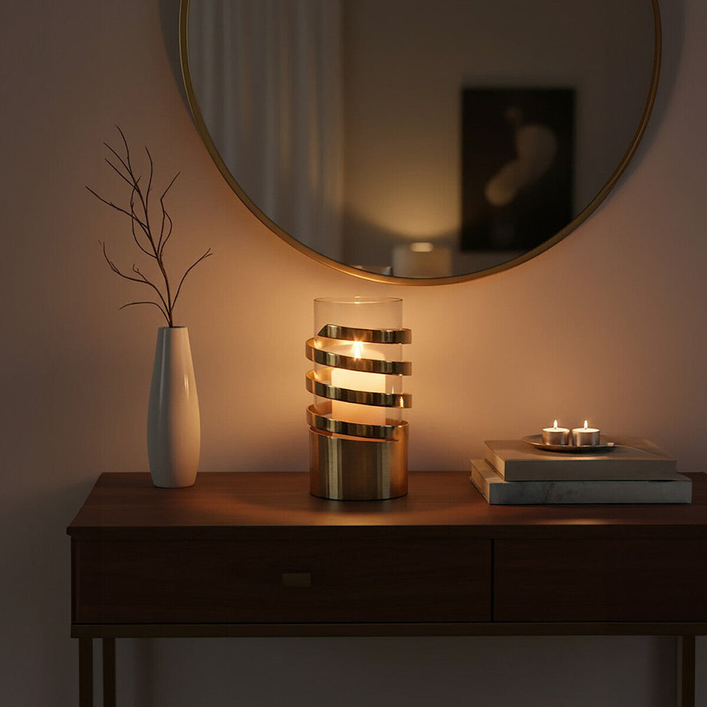 Small Vertical Textured Gold Metal Hurricane Candle Holder | Amreli