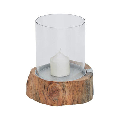 Small Acacia and Glass Hurricane Candle Holder | Almora