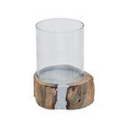 Small Acacia and Glass Hurricane Candle Holder | Almora