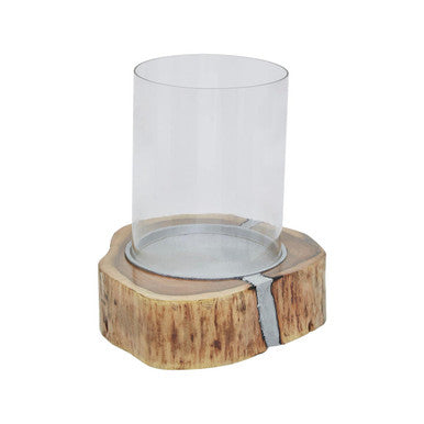 Large Acacia and Glass Hurricane Candle Holder | Almora