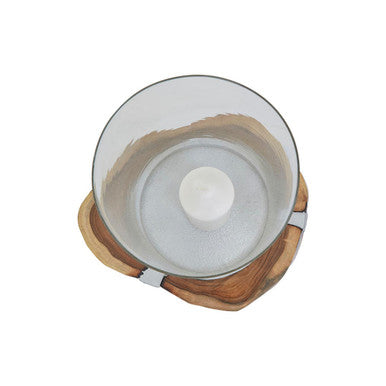 Large Acacia and Glass Hurricane Candle Holder | Almora