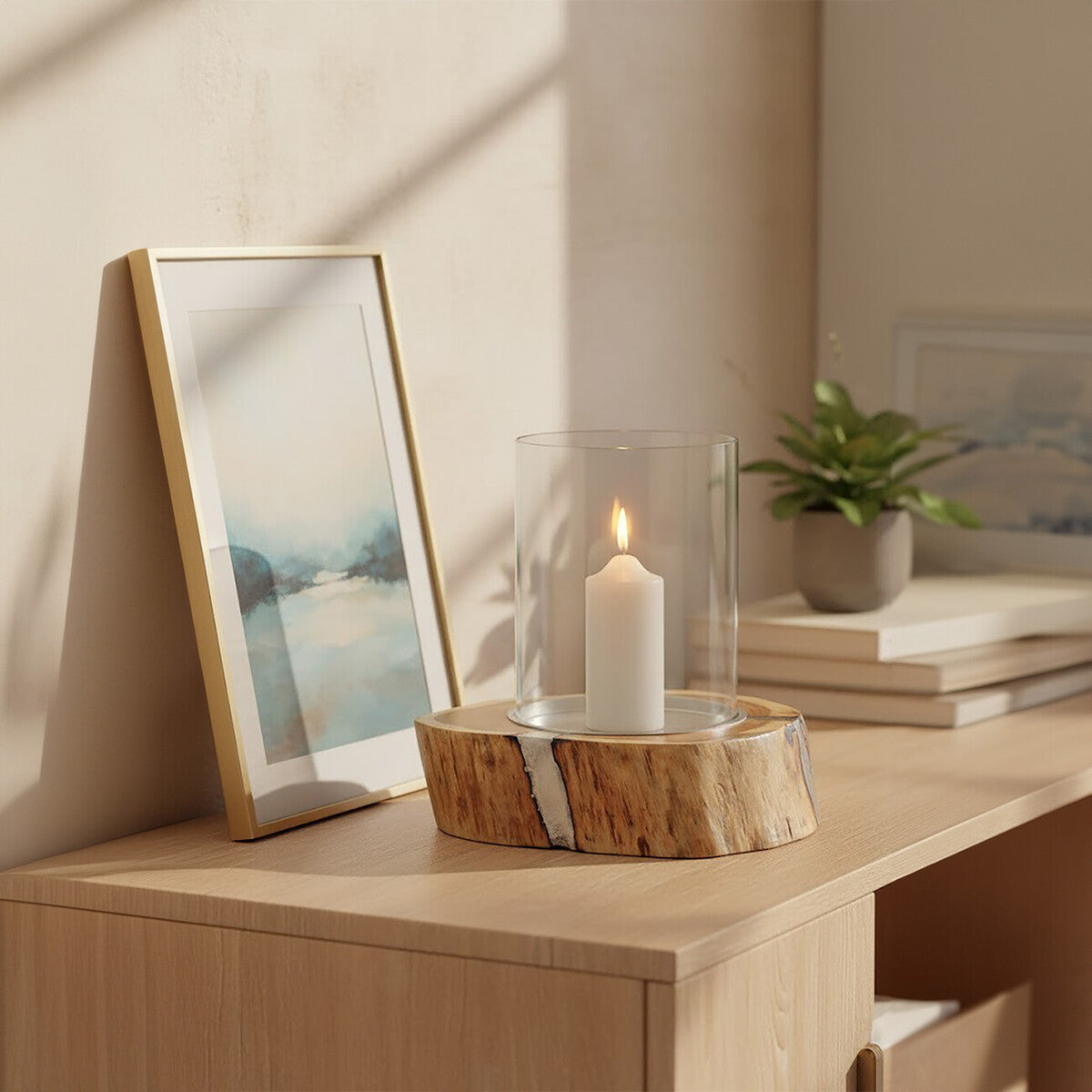 Large Acacia and Glass Hurricane Candle Holder | Almora