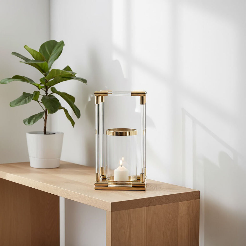 Large Candle Holder in Gold Finish and Acrylic | Lucita