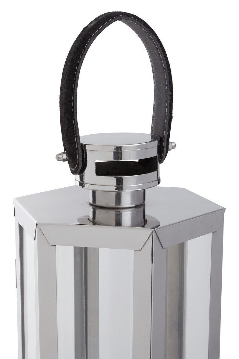 Small Silver Hexagonal Lantern with Hair on Leather Handle | Herber
