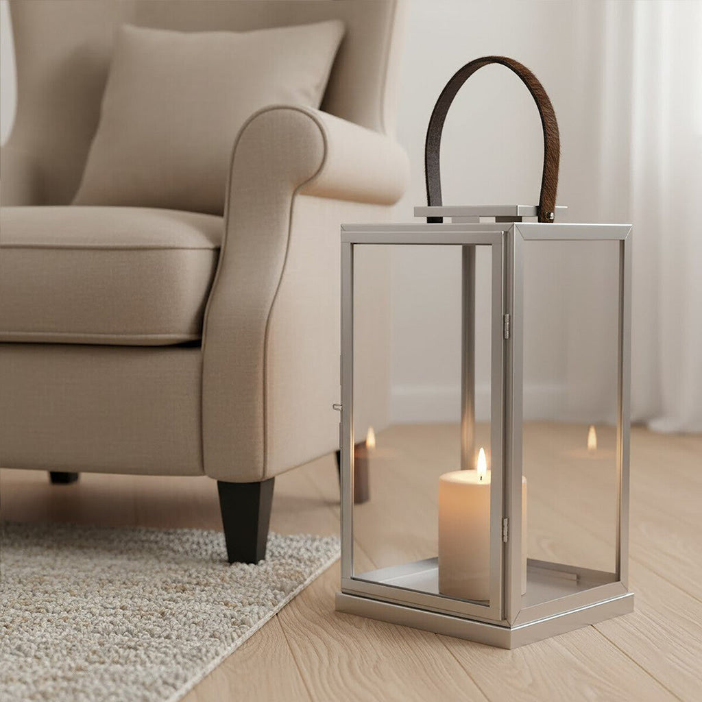 Large Silver Steel with Hair on Leather Handle Lantern | Herber