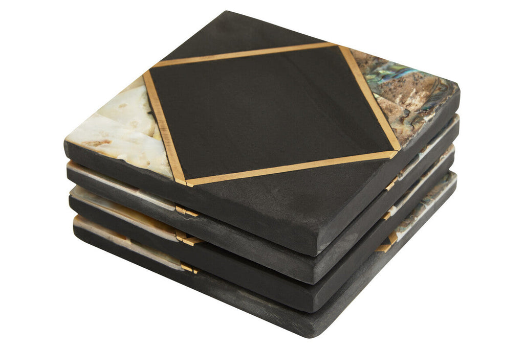 Set of 4 Black Slate with Mother of Pearl Inlay Coasters | Oriana