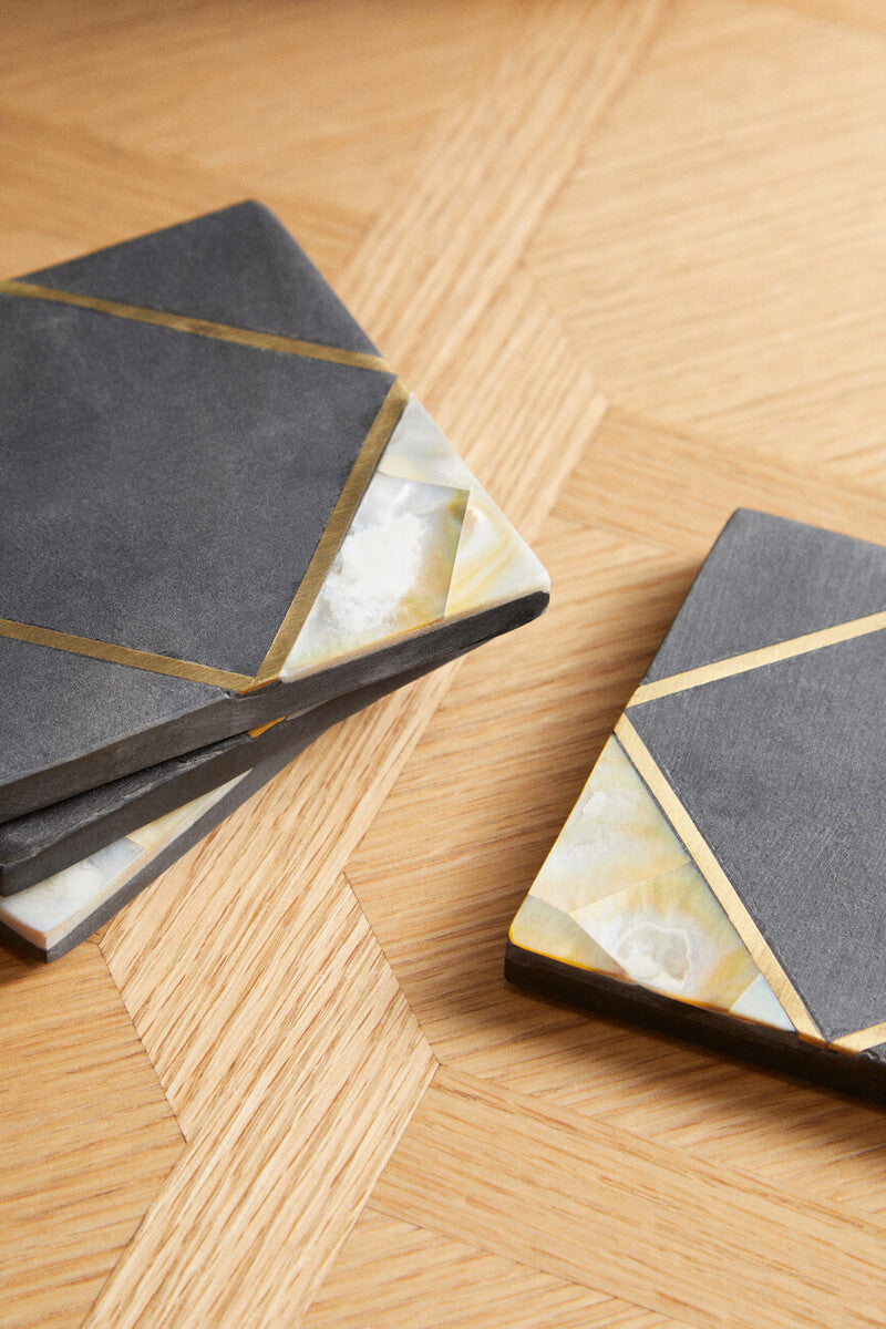Set of 4 Black Slate with Mother of Pearl Inlay Coasters | Oriana