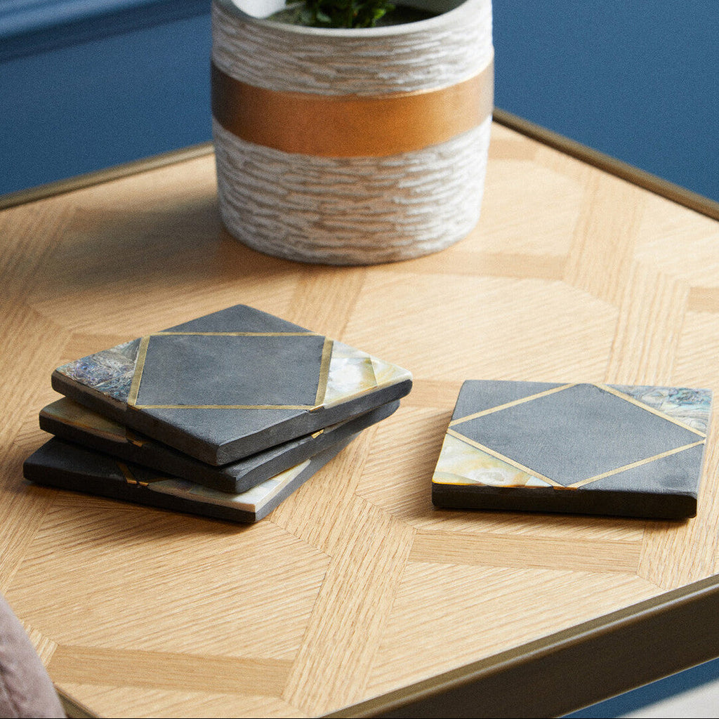 Set of 4 Black Slate with Mother of Pearl Inlay Coasters | Oriana