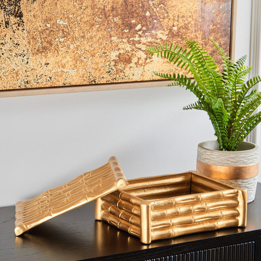 Hiba Large Gold Finish Bamboo Effect Trinket Box