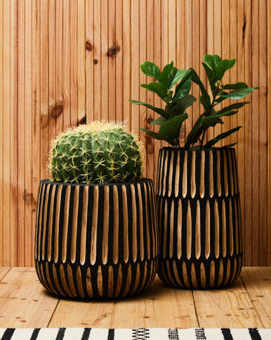 Large Engraved Natural and Black Wooden Planter | Arlo
