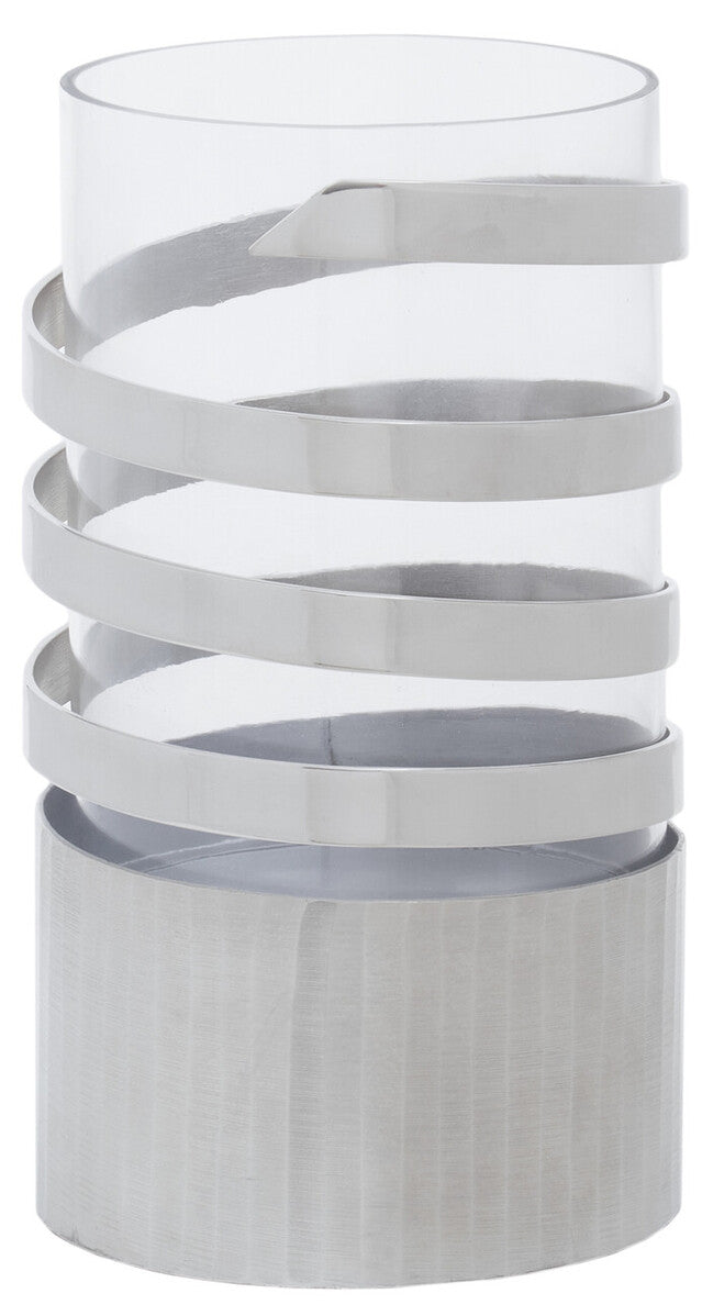 Large Vertical Textured Silver Metal Hurricane Candle Holder | Amreli