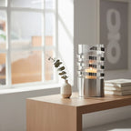 Large Vertical Textured Silver Metal Hurricane Candle Holder | Amreli