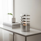 Amreli Small Vertical Textured Silver Metal Hurricane Candle Holder.