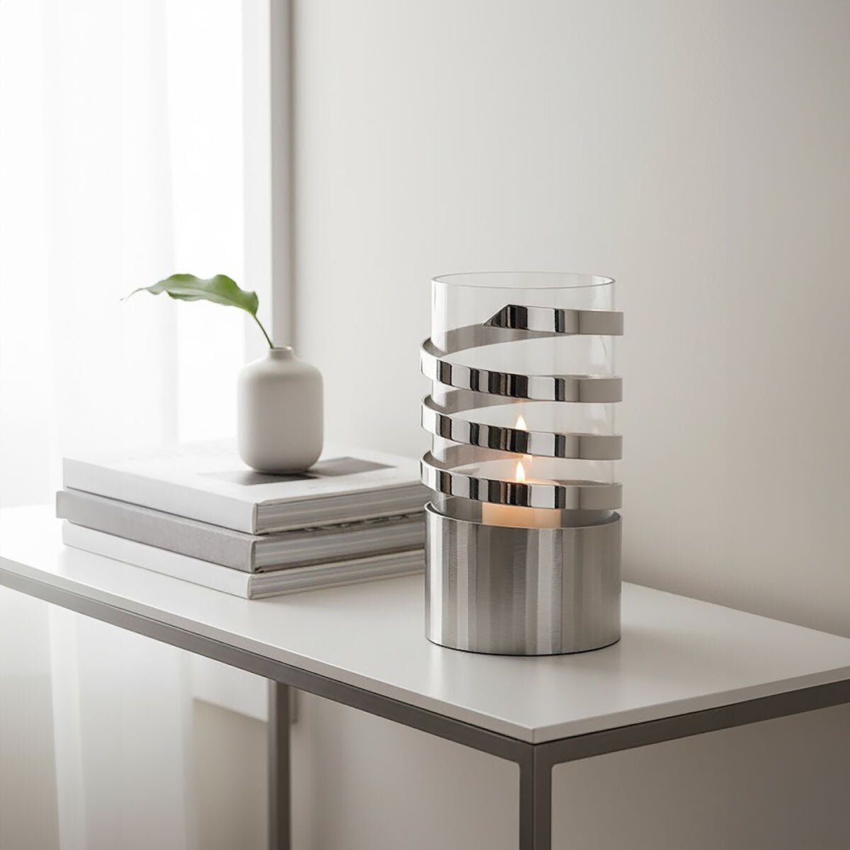 Amreli Small Vertical Textured Silver Metal Hurricane Candle Holder.