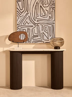 Natural Wood Horizontal Sculpture with Travertine Base | Westo