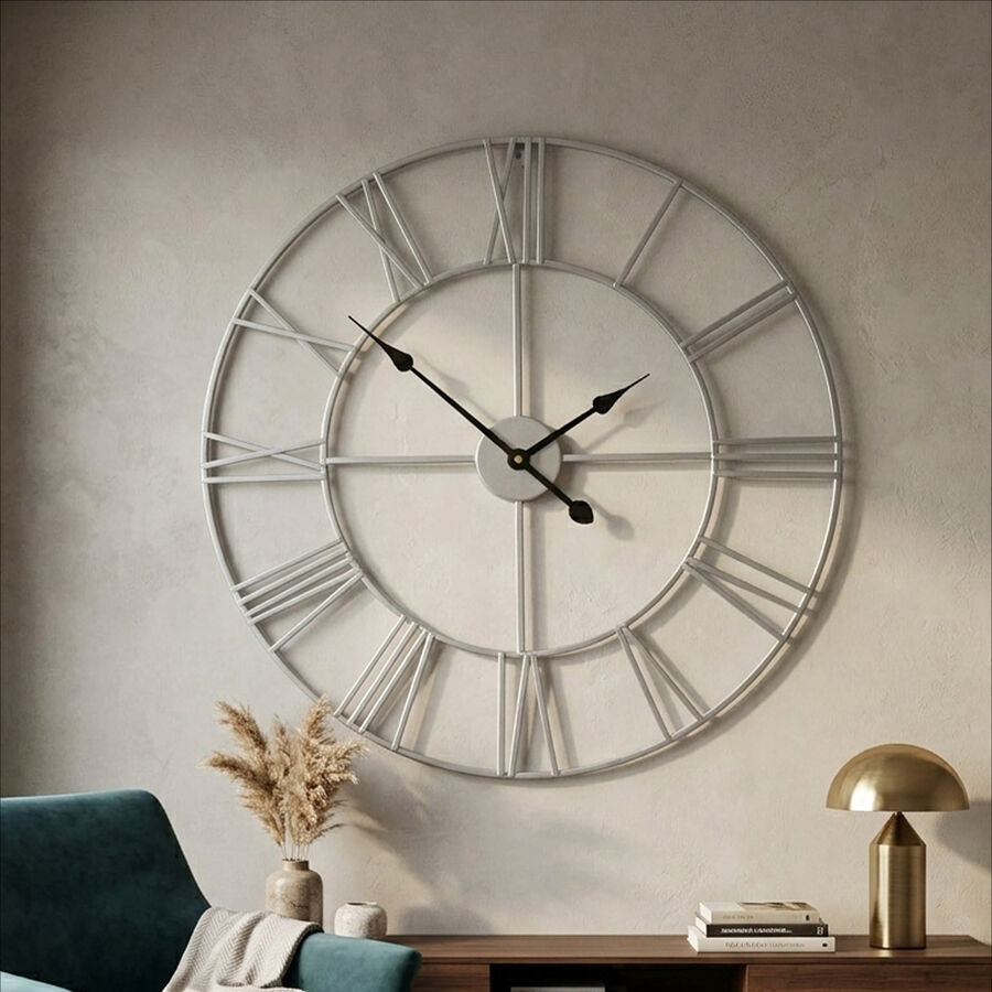 Genova 60cm Dia Silver Metal Roman Numeral Wall Clock