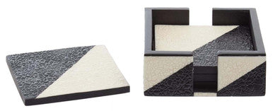 Set of Four Black and White Coasters with Holder | Ezra