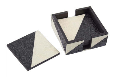 Set of Four Black and White Coasters with Holder | Ezra