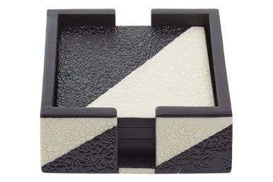 Set of Four Black and White Coasters with Holder | Ezra