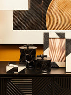 Set of Four Black and White Coasters with Holder | Ezra