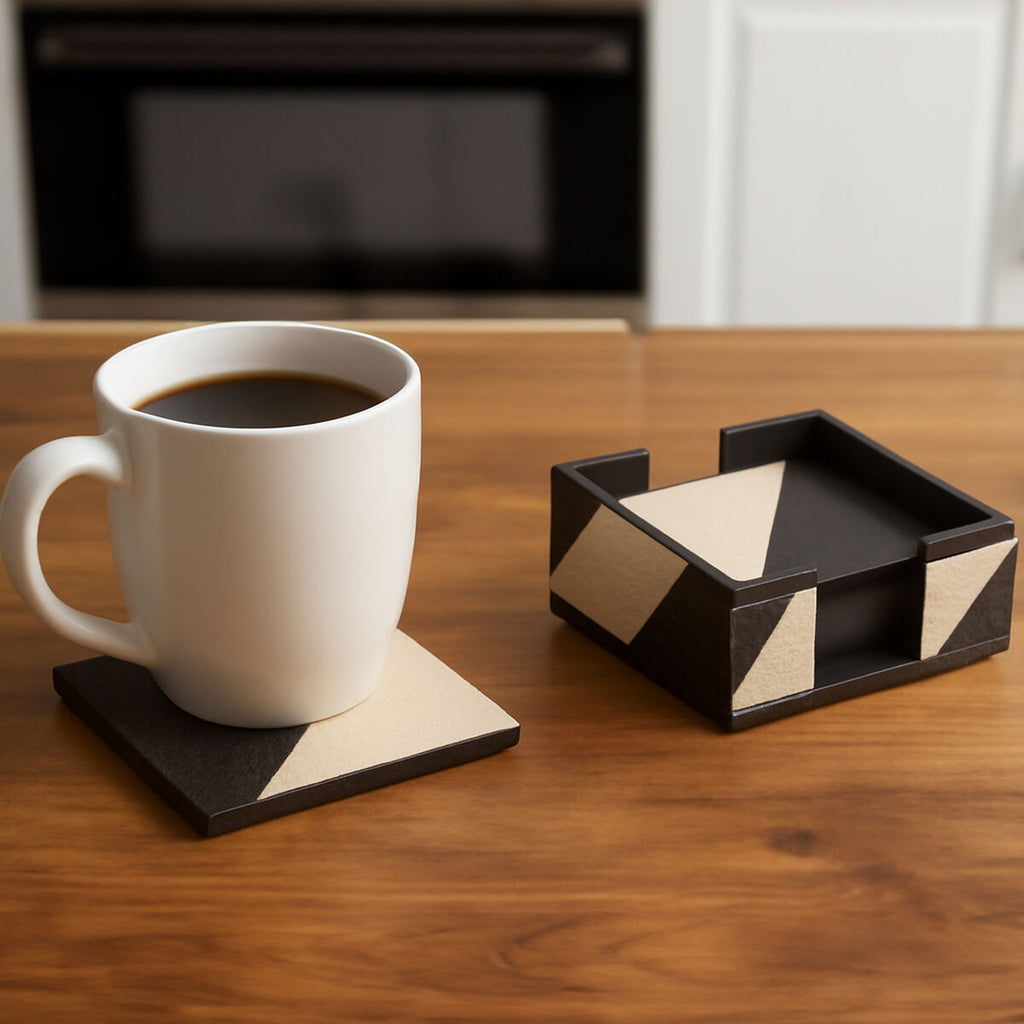 Set of Four Black and White Coasters with Holder | Ezra