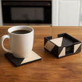 Set of Four Black and White Coasters with Holder | Ezra
