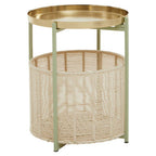 Green Iron Two-Tier Side Table with Gold Finish Iron Top and Natural Cotton Lower Storage, Sabia